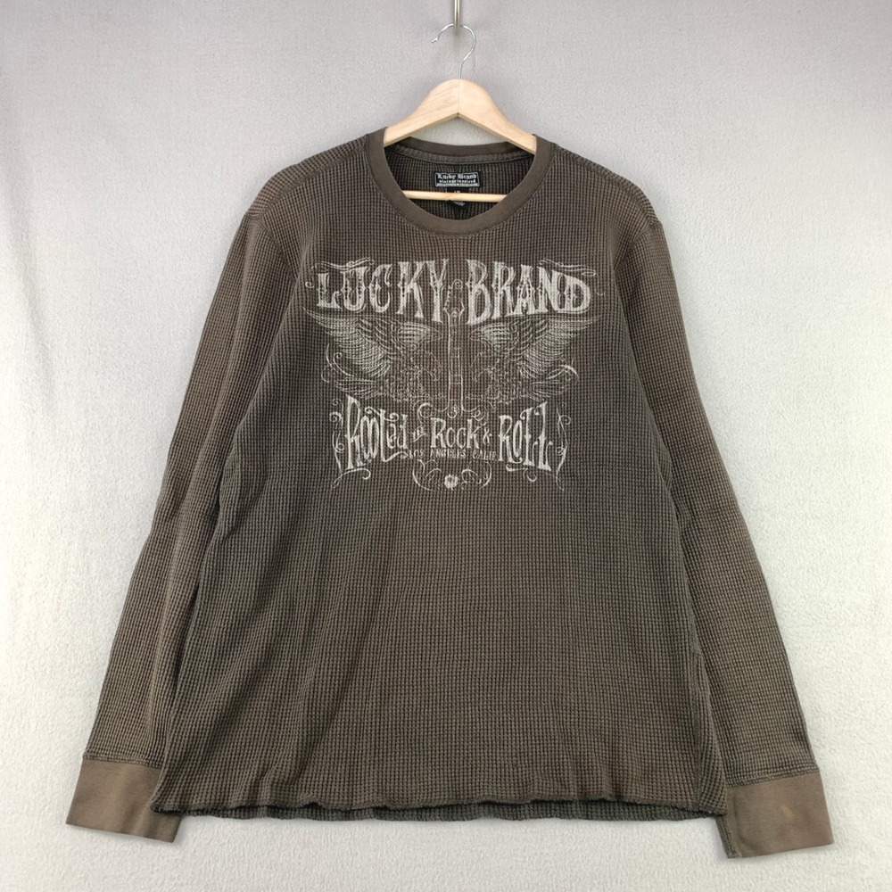 Y2K Lucky Brand Rooted in Rock & Roll Thermal Shirt Mens L Brown Waffle Knit